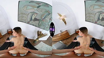 Cute teen finishes the job for the guy in vr