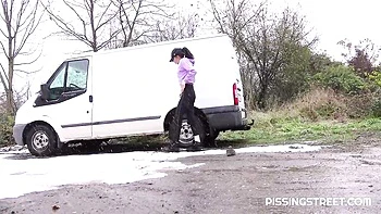 Public crazy pissing with a long-legged brunette Mini Mitzi X