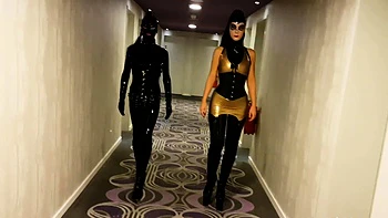 Brunette babe solo fingers her latex pussy