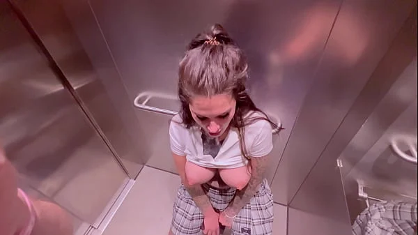 Beautiful girl Instagram blogger sucks in the elevator of the store and gets a facial