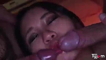 Пошлая японка Айко в тройке с парнем, сосет и трахается сзади