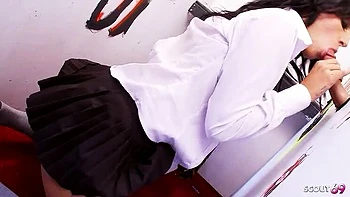 Dark-Haired Girl with Saggy Tits & Hairy Pierced Pussy Gets Fucked by Big Dick at Gloryhole