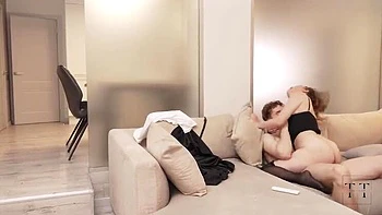 Amateur Threesome: Brunette Babe Deep Throats and Swallows