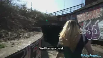 Public Agent Horny blonde flasher gets her pussy creampied in a tunnel