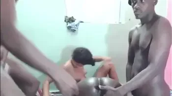 tho Slut's interracial threeway with three big black cocks