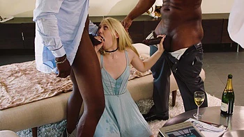 Two babes share huge black cock in wild interracial threesome